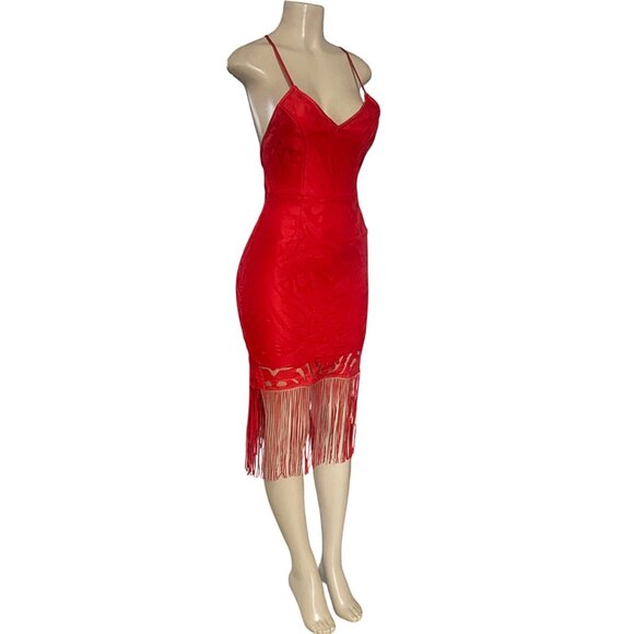 Stunning Fringe Hem Lace Spaghetti Cross Strap Lace Up Backless Bodycon Dress S - Picture 8 of 8